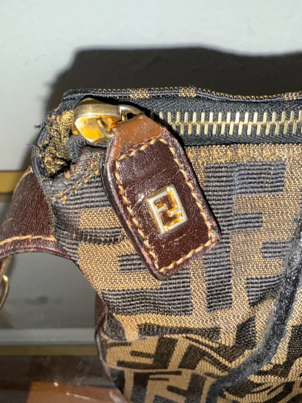 Authentic FENDI Zucca Canvas Top Handle Arm Vanity Bag Black Brown